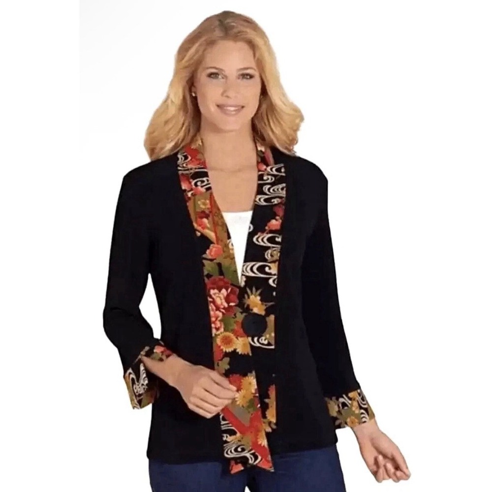 Soft Surroundings Black & Floral Asian Print Kimono Jacket Size 2X - Picture 1 of 11